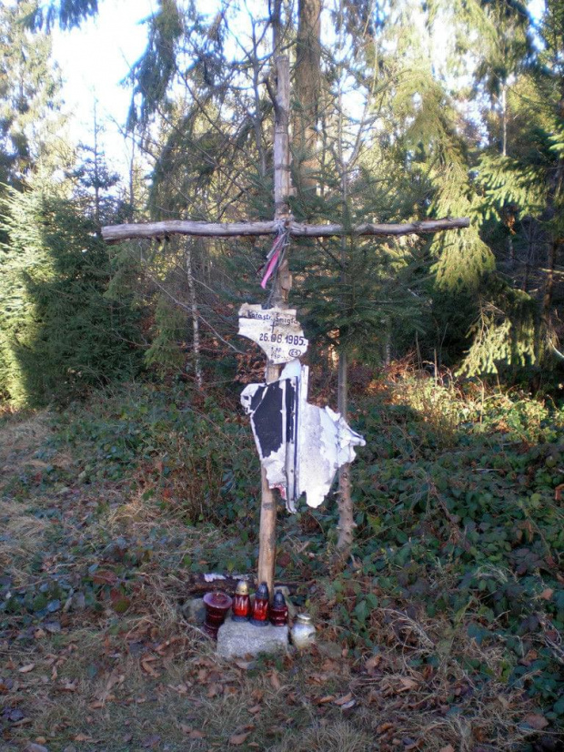 Krzyż upamiętniający katastrofę śmigłowca w 1995 r. w okolicach polany Surówki #góry #beskidy #BeskidWyspowy #LubońWielki