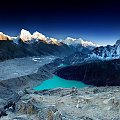 Druga panorama z widokiem na najwyższe szczyty. Mniej więcej pośrodku zdjęcia nad brzegiem jeziora widać małe niebieskie punkciki, to wioska z domami. #góry #Himalaje #ludzie #natura #Nepal #przyroda