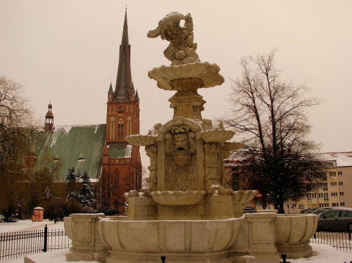 Zabytkowa fontanna przy placu Orła Białego. W głębi kościół św. Jakuba, czyli szczecińska Katedra.